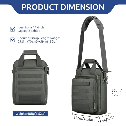 Tactical Messenger Bag, Laptop Briefcase MOLLE Shoulder Pack Handbag | Heavy Duty, Adjustable Strap, Water-resistan, Fit 14inch Tablet, Satchel Work Bag, for Outdoor, Hiking, Travel - color: Grey-green