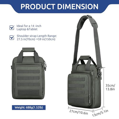 Tactical Messenger Bag, Laptop Briefcase MOLLE Shoulder Pack Handbag | Heavy Duty, Adjustable Strap, Water-resistan, Fit 14inch Tablet, Satchel Work Bag, for Outdoor, Hiking, Travel - color: Grey-green