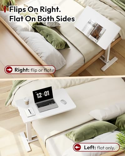 SANODESK Medical Adjustable Overbed Bedside Table with Casters 90° Tilt Top Pneumatic Mobile Rolling Laptop Computer Standing Desk Cart with Tray, Hospital and Home Use(31.5" W x 17.7" D, White) - color: White, size: Large