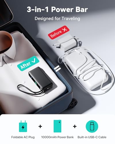 INIU 30W Fast Charging Portable Charger, with Built-in Cable & AC Wall Plug | 10000mAh, Small, Fast Charging, Built-in USB C Cable, Flight-Safe, Travel, Battery Pack for iPhone 17 16 Pro, Samsung S26 etc - color: Black