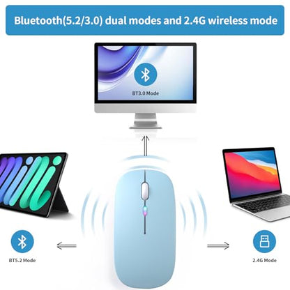 Wireless Bluetooth Mouse, Rechargeable, LED, Silent, Ultra-thin Design (Bluetooth 5.2 and 2.4GHz USB Receiver) | Portable Computer Mouse for Laptops, iPads, MacBooks and Apple Devices (blue) - color: blue