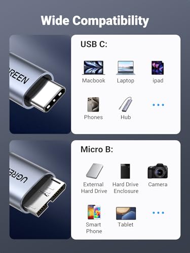 UGREEN 10Gbps USB C to Micro B Cable 10FT for External Hard Drive | 10Gbps transfer speed, braided shield, 40000+ bend tests, aluminum alloy shell, wide device compatibility - size: 10 FT