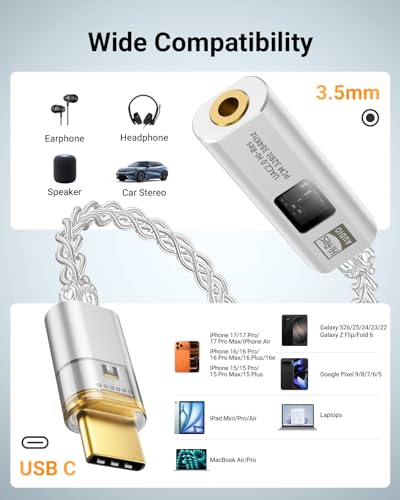 MoKo USB C to 3.5mm Jack Audio Adapter, Dual DAC Chip CX31993 & MAX97220 | Built-in HiFi Amplifier, 32bit/384KHz Hi-Res Certified, Supports In-line Control, For Android iPhone PC Mac Switch PS5,Silver - color: Silver