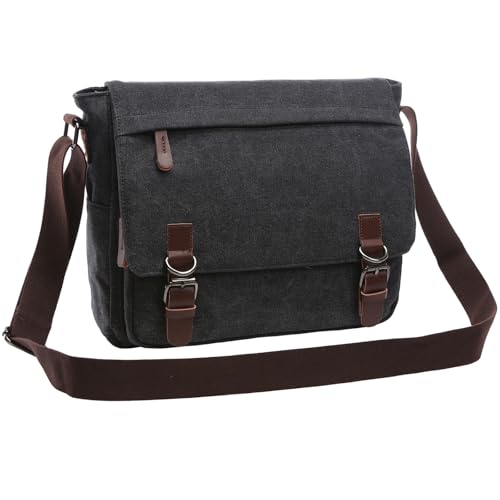 Evergoo Vintage Messenger Bag Unisex Shoulder Bags Canvas Satchel Cross Body Work Satchel Briefcase for 15.6 Inch Laptop - color: Black
