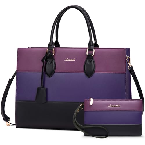 LOVEVOOK Laptop Tote Bag for Women, Work Totes Business Office Computer Briefcase with Clutch Purse - color: Purple-blue-black, size: 17.3 inch