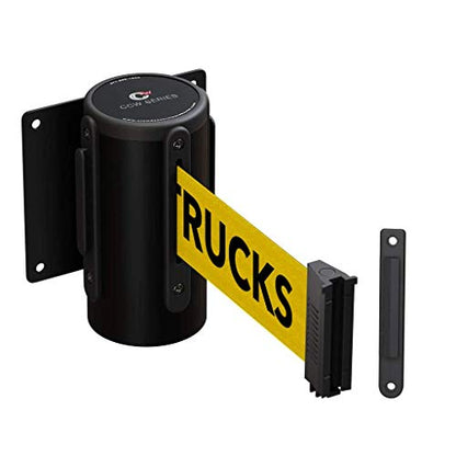 Crowd Control Warehouse WMB-120 Fixed Wall Mount Retractable Belt Barrier | 11-foot Yellow "DANGER-FORKLIFT TRUCKS" Belt with Black Steel Case, CCW Series. - color: Yellow:"DANGER-FORKLIFT TRUCKS"
