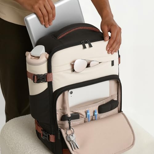mibasies 40L Travel Backpack for Women & Men: Flight Approved Carry On Backpack, TSA Personal Item Bag with Water Bottle Pocket, Weekender Essentials Backpacks fits 17" Laptop - Black White Brown - color: Black White Brown, size: X-Large