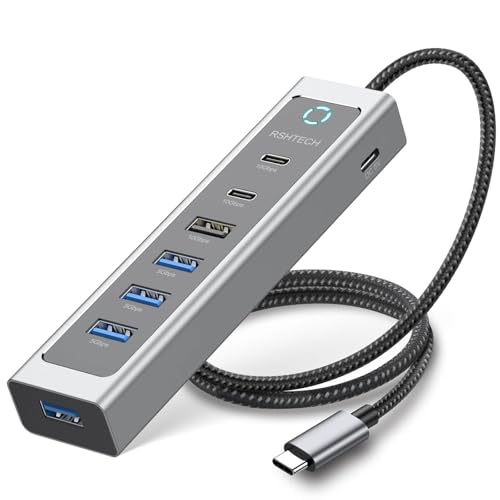 RSHTECH 7-Port USB C Hub 10Gbps with 3 USB-3.2 (2C + 1A), 4 USB-3.0 Ports | Aluminum USB-C Data Hub Multiport Adapter with 2ft Extended USB C Cable for Laptop and More, RSH-T17C
