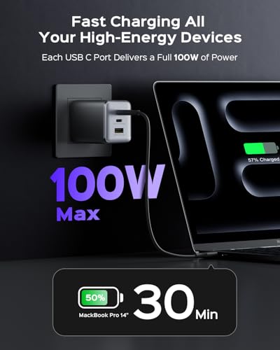 100W USB C Wall Charger, 3-Port PPS PD 3.0 Compact Foldable Wall Charger Block, Fast Power Adapter for MacBook Pro/Air, Dell XPS, iPad Pro, iPhone 17/16/15, Galaxy S25/S24, (Black) - color: Black
