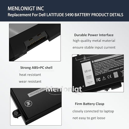 New 68Wh GJKNX Laptop Battery Replacement for Dell Latitude 5490 5480 5580 5590 5280 5288 5488 5591 5491 5495 E5480 E5580 E5490 E5590 Precision 15 3520 3530 Series Fits GD1JP DY9NT 5YHR4 451-BBZG 7.6V - size: 9.13 x 3.75 x 0.5 inches GJKNX BATTERY