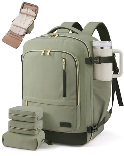LOVEVOOK 40L Travel Backpack for Women Men with Garment Bag, Airline Approved Carry on Luggage Travel Essentials with 3 Packing Cubes, TSA Overnight Bags Weekender Essentials Backpacks fits 17" Laptop - color: Bean Green-dark Green, size: 40L-4Pcs