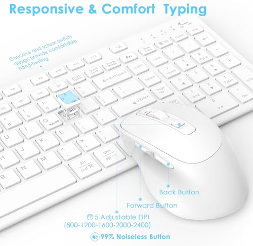 Rechargeable Wireless Keyboard and Mouse, with Number Pad White | Quiet Silent, Slim Thin Flat Low Profile Soft Key, USB C, with Skin Cover, Ergonomic Mouse, for Mac Windows PC, Home Office - color: White