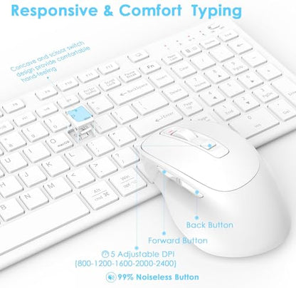 Rechargeable Wireless Keyboard and Mouse, with Number Pad White | Quiet Silent, Slim Thin Flat Low Profile Soft Key, USB C, with Skin Cover, Ergonomic Mouse, for Mac Windows PC, Home Office - color: White