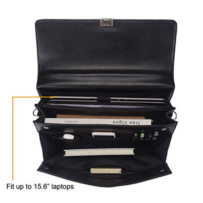 Mens Leather Briefcases Office Attorney Attache Case Ideal Gift Messenger Bag w/Padded Compartment,Black - color: Black - Fits 15.6" Laptop
