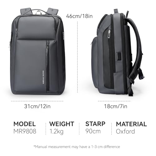 Muzee Business Backpack for Men, Travel Laptop Backpack Fits 15.6 Inch, Waterproof Expandable Bag 25L-35L, Grey Work Daypack with USB & USB-C Charging Ports, Anti-Theft Pocket, Luggage Strap