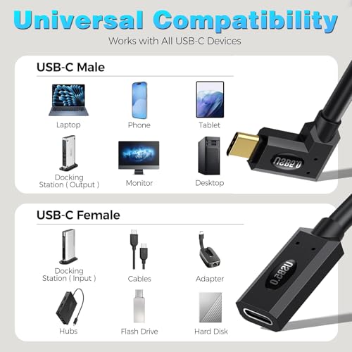 Duttek Short Thunderbolt Cable 1FT/30cm, 80Gbps 240W Charging & Dual 8K Video, Short USB C Right Angle Male to Female Extension Cable for Gaming PC/Monitor/Studio