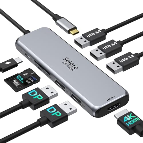 Docking Station Dual DisplayPort, Selore USB c hub with 2 displayport, HDMI, 3*USB 3.0,100W PD,SD & TF Slot, 9 in 1 2 dp Multiport Adapter for MacBook/Dell XPS/HP/Lenovo/Microsoft Surface - color: Silver