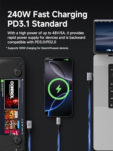 Hagibis USB4 Cable, Right Angle 90Degree Braided 80Gbps, 240W Fast Charging, 8K@60Hz USB4 V2.0 USB-C Cable for iPhone 17 16 15 Pro Max, iPad Pro, MacBook, Thunderbolt 5/4 (Side 90 Degree, 0.8FT) - color: Side 90 Degree, size: 0.8FT