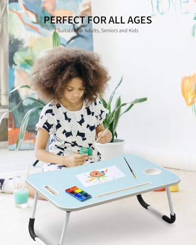 FISYOD Foldable Laptop Table, Portable Lap Desk Bed Table Tray, Laptop Stand with Cup Holder & Tablet Slot & Lifting Handle for Working Writing Drawing & Eating (Light Blue) - color: Light Blue