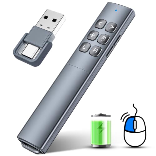 Presentation Clicker with Air Mouse, RF 2.4GHz PowerPoint Clicker for PPT | Rechargeable Wireless Presenter Remote, 2-in-1 USB Type C Presentation Clicker Slide Advancer