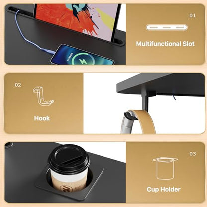 28 inch Mobile Laptop Desk, Portable Sit Stand Cart with Wheels | Small Standing Desk with Cup Holder, Rolling Computer Workstation Height Adjustable with Hook on 4 Lockable Casters, Black - color: Black