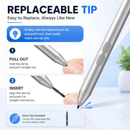 Active Pen for Dell 2-in-1 Touchscreen Laptop, MPP Stylus, Palm Rejection | 1024 Pressure Level, Palm Rejection, Dual Shortcut Buttons, 2500-Hour Battery for Inspiron 5379/7586, Latitude 3190/3390/7230 - color: Silver