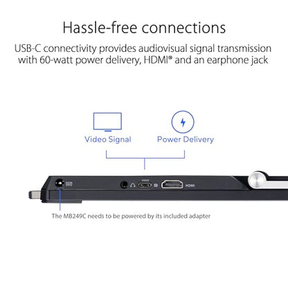 ASUS ZenScreen 24” (23.8” viewable) 1080P Portable USB-C Monitor (MB249C) - FHD, IPS, Eye Care, Speakers, Multi-Stand Design, Kickstand, C-clamp Arm, Partition Hook, Carrying Handle, WFH Monitor - style: 24" IPS USB-C Multi-stand Design