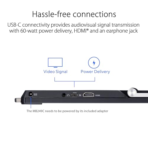ASUS ZenScreen MB249C 24 Inch 1080p USB-C Portable Monitor | USB-C 60W, C-clamp Arm, Speakers, Partition Hook, Kickstand, IPS, Subwoofer, Carrying Handle ,Display for MacBook and PC - style: 24" IPS USB-C Multi-stand Design