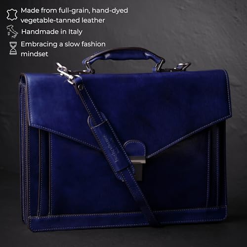 Time Resistance Leather Briefcase for Men - Business Laptop Bag - Italian Handmade Leather Bag - Attache - Gift Box Included - color: Blue