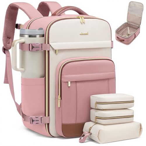 LOVEVOOK Travel Backpack for Women & Men - 17.3 Inch Carry On Backpack & Personal Item Backpack for Airlines, Spacious and Durable Design, with 3 Packing Cubes - color: Pink-beige-brown, size: Large-40L-4Pcs