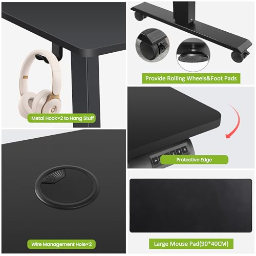 farexon Electric Standing Desk Adjustable Height, 55 x 24 Inch Stand up Desk with Large Mouse Pad, Rolling Wheels & Foot Pad,27''-46'' Lifting Range Home Office Computer Desk(Black) - color: Black, size: 55 x 24''