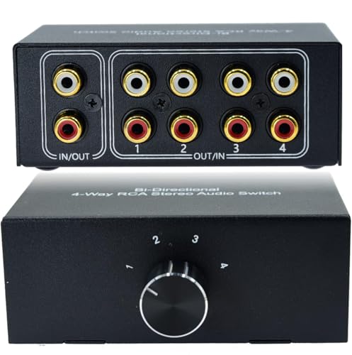 No Noise 4 Way 1 in 4 Out or 4 in 1 Out Audio Sound selector RCA Female Stereo 4 Channel Splitter switcher Box Switching No External Power - size: 4way-rca