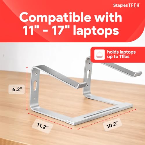 Staples TECH Adjustable Aluminum Laptop Stand – Fits 11"–17" Laptops, Ergonomic Eye‑Level Riser with Ventilated Cooling & Anti‑Slip Base, Silver - style: Silver