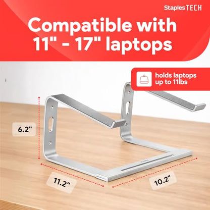Staples TECH Adjustable Aluminum Laptop Stand – Fits 11"–17" Laptops, Ergonomic Eye‑Level Riser with Ventilated Cooling & Anti‑Slip Base, Silver - style: Silver