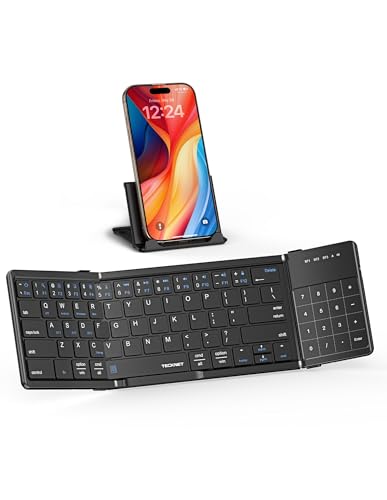 TECKNET Foldable Bluetooth Keyboard with Touchpad & Numpad | Connect up to 3 Devices, USB-C Rechargeable Portable keyboard for laptop, for laptop, iPad, Phone, iOS, macOS, Android(Black)