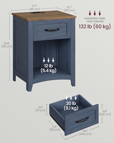VASAGLE LIRY Collection - Farmhouse Nightstands with Charging Station, Set of 2 Bedside Tables, Side Tables with Drawer, Open Compartment, for Bedroom, Rustic Blue and Honey Brown LET659Q101S-2J - color: Rustic Blue and Honey Brown, size: 2 PACK, style: 1
