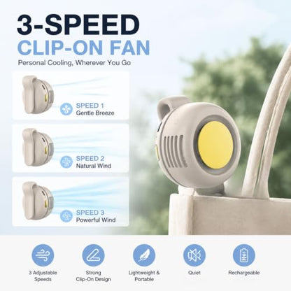 Portable Clip-On Fan, Silent Clip On Bladeless Fan, Personal Fan for Shirt & Waist, Adjustable 3-Speed For Outdoor Travel Office Home(White)