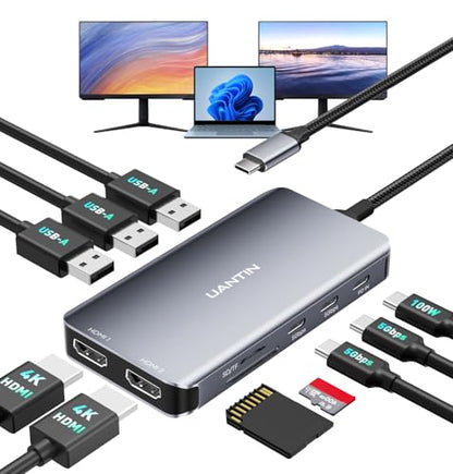UANTIN Laptop Docking Station Dual Monitor, 10-in-1 USB C Hub with 4K HDMI | HDMI Splitter for Dual Monitor Extended Display Adapter with USBC & USBA 3.0, SD/TF, 100W PD for Dell,HP,Mac