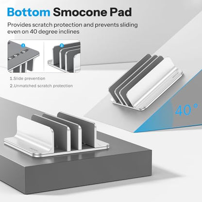 OMOTON 3-Slot Multiple Vertical Laptop Stand, Fits MacBook, Bright Silver | Adjustable Width 0-1.38", Aluminum Office Space-Saving for Desk, Fits MacBook/Book/iPad Up to 17.3in - color: Three Slots-Bright Silver