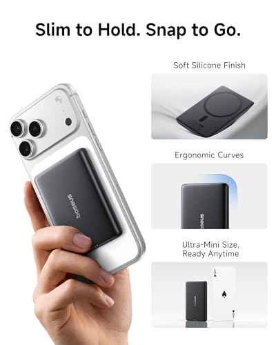 Baseus Picogo Power Bank, Smallest 5,000mAh Magnetic Wireless Charger with USB-C Braided Cable, Fast Charging Portable Battery Pack, NTC Safety Alloy Travel Essential for iPhone 17 Pro Max/17 Air/17e - color: Cosmic Black