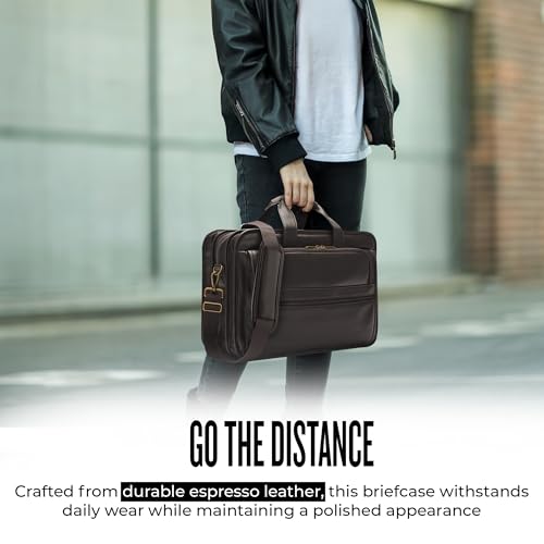Solo New York Briefcase - Laptop Carrying Bag for Women & Men, Brief for Travel & Work, Padded Shoulder Strap, Premium Leather Body, Fits 15.6" Computer - Espresso