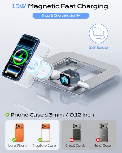Meifigno Laptop Stand with Wireless Charging Station Base, Foldable Aluminum MacBook Holder with MagSafe Charger for iPhone/iWatch/AirPods, 30W USB-C Wired Charging for Laptop/iPad, with 65W Adapter