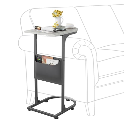 C Shaped End Table, Small Side Table for Couch, C Table that Slides Under Sofa with Storage Bag, TV Tray Table for Recliner, Living Room, Bedside, Bedroom, Small Spaces, Greige - color: Classic Greige