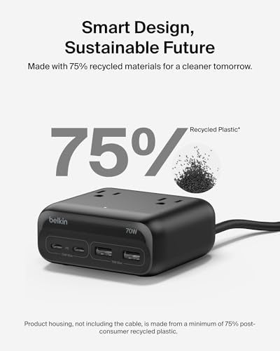 Belkin 70W GaN 7 in 1 Charging Station, 3X AC, 2X USB A, & 2X USB C Ports | Power strip, dual USB-C charger, iPhone 17/16/15, Apple Watch, iPad, MacBook, Samsung Galaxy S26, Pixel 10 - style: 70W, 3 AC Outlet