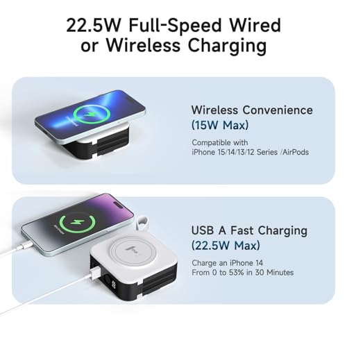 Powerpack Universal 5 in 1 Travel Power Bank - for Magsafe Battery Pack,10000mAh Power Bank with Built in Cable - Wireless Portable Charger for iPhone 15/15 Pro/ProMax, iPhone 14/13/12 Series - color: White