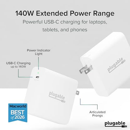 Plugable 140W USB C Charger, GaN Wall Charger for Laptop, PD 3.1 (EPR) Power Adapter, Compatible with MacBook Pro, MacBook Air iPad Pro, Surface and USB-C Devices
