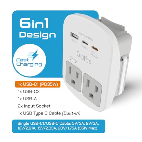 Ceptics Universal Travel Adapter, 35W World Travel Adapter Kit - 2 USA sockets, USB-A, USBC, 1x PD 35W USB-C and USBC Cable, Perfect for Laptops, Cell Phones, Chargers - Surge Protection - color: White