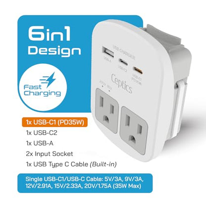 Ceptics Universal Travel Adapter, 35W World Travel Adapter Kit - 2 USA sockets, USB-A, USBC, 1x PD 35W USB-C and USBC Cable, Perfect for Laptops, Cell Phones, Chargers - Surge Protection - color: White