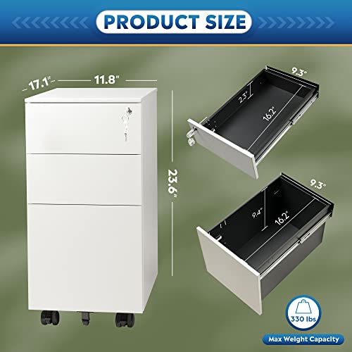 DEVAISE Slim File Cabinet with Lock, 3 Drawer Mobile Filing Cabinet for Legal/Letter/A4 Size, Fully Assembled Except Wheels, White - color: White, size: 17"D x 12"W x 24"H
