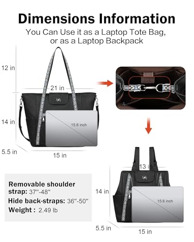 Large Laptop Tote Bag for Women Designer Leather Laptop Bag, 15.6in | Fashion Travel Backpack Purse Shoulder Handbag Fits 15.6 Laptop, Daily, Work, Business Trip, Weekend Travel, Teacher - color: Black Retro Style